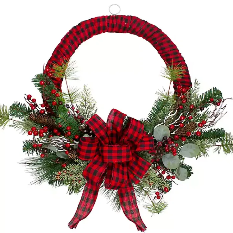 Wreaths>Kirklands Home Red and Black Buffalo Check Pine and Berry Wreath