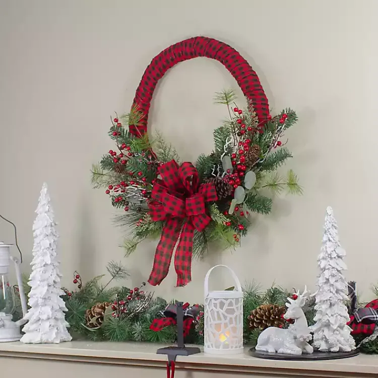 Wreaths>Kirklands Home Red and Black Buffalo Check Pine and Berry Wreath