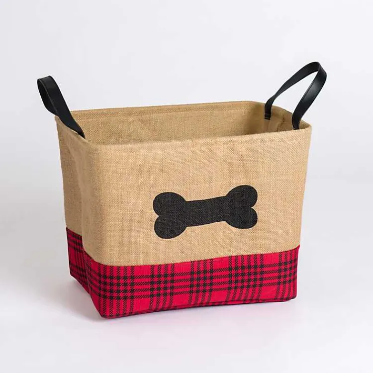Baskets & Boxes>Kirklands Home Red and Black Plaid Dog Bone Jute Bin