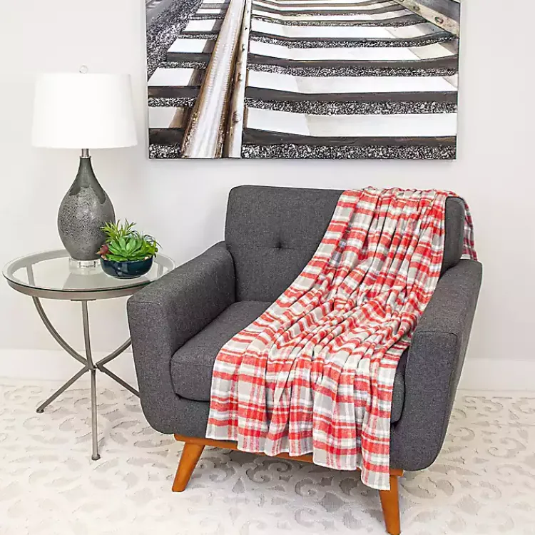 Blankets & Throws>Kirklands Home Red and Gray Plaid Cotton Throw