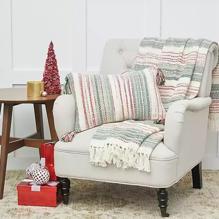 Christmas Pillows>Kirklands Home Red and Green Striped Christmas Lumbar Pillow