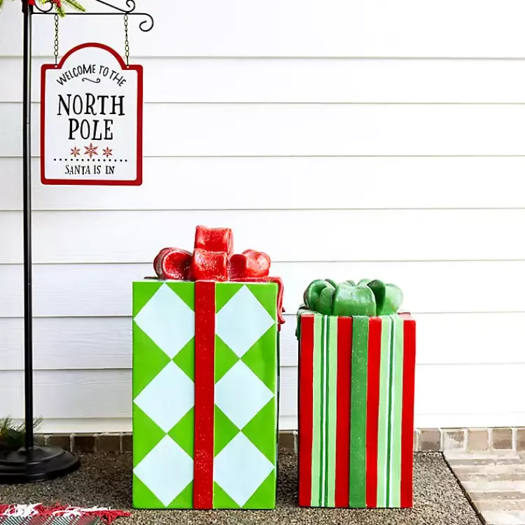 Christmas Decorations>Kirklands Home Red and Green Striped Christmas Present Statue