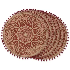 Kirklands Home Red and Natural Print Round Placemats, Set of 6