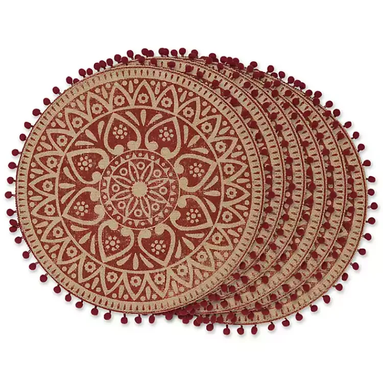 Kirklands Home Red and Natural Print Round Placemats, Set of 6