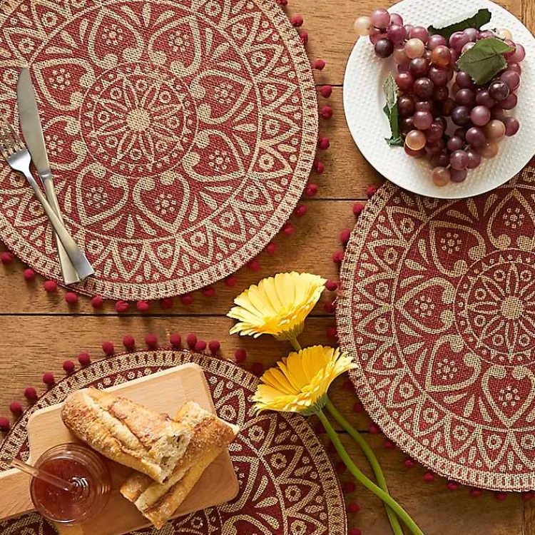 Kirklands Home Red and Natural Print Round Placemats, Set of 6