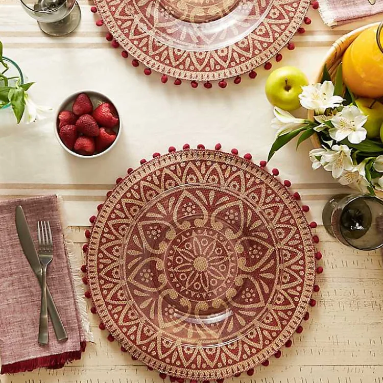 Kirklands Home Red and Natural Print Round Placemats, Set of 6