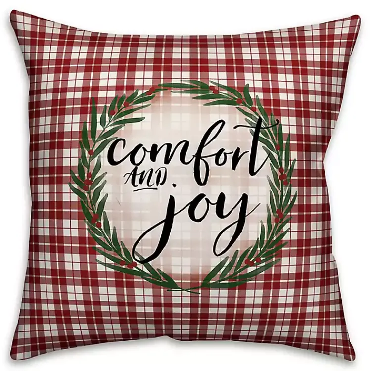 Christmas Pillows>Kirklands Home Red and White Plaid Comfort and Joy Pillow