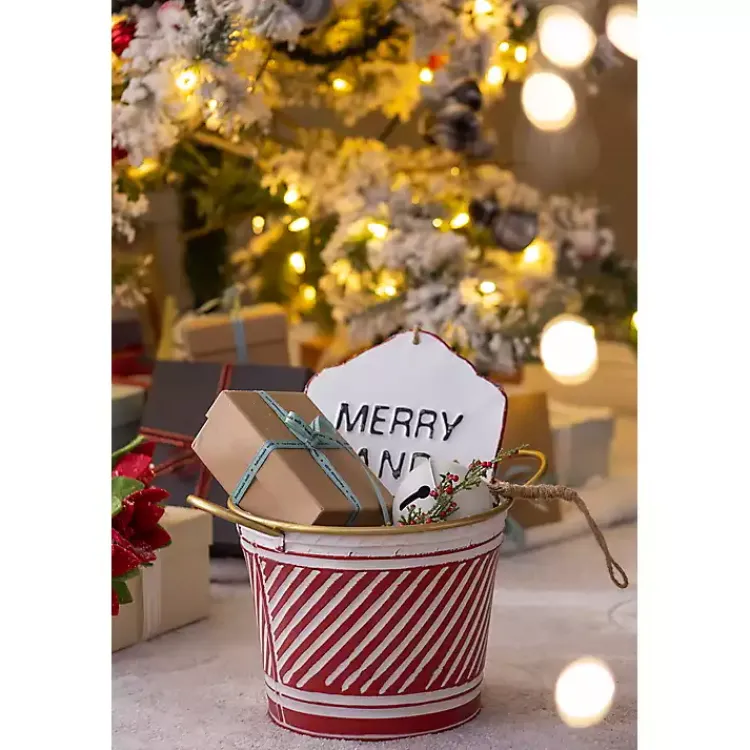Christmas Decorations>Kirklands Home Red and White Striped Christmas Tin Container