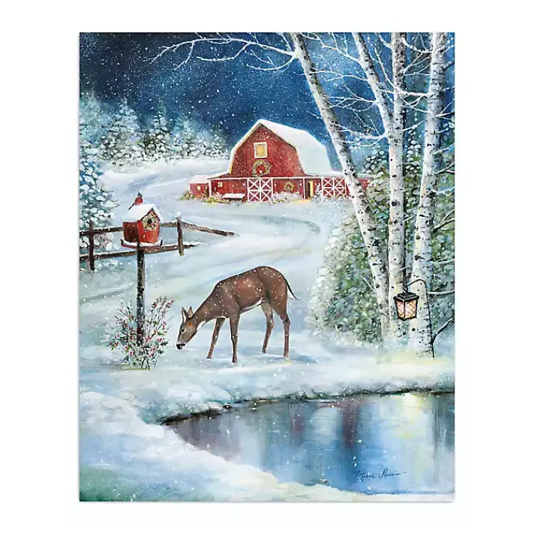 Christmas Art & Wall Decor>Kirklands Home Red Barn with Deer Canvas Art Print Multi