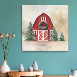 Christmas Art & Wall Decor>Kirklands Home Red Barn with Wreath Canvas Art Print