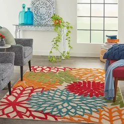 Kirklands Home Red Bright Floral Burst Outdoor Area Rug, 5x7 Outlet