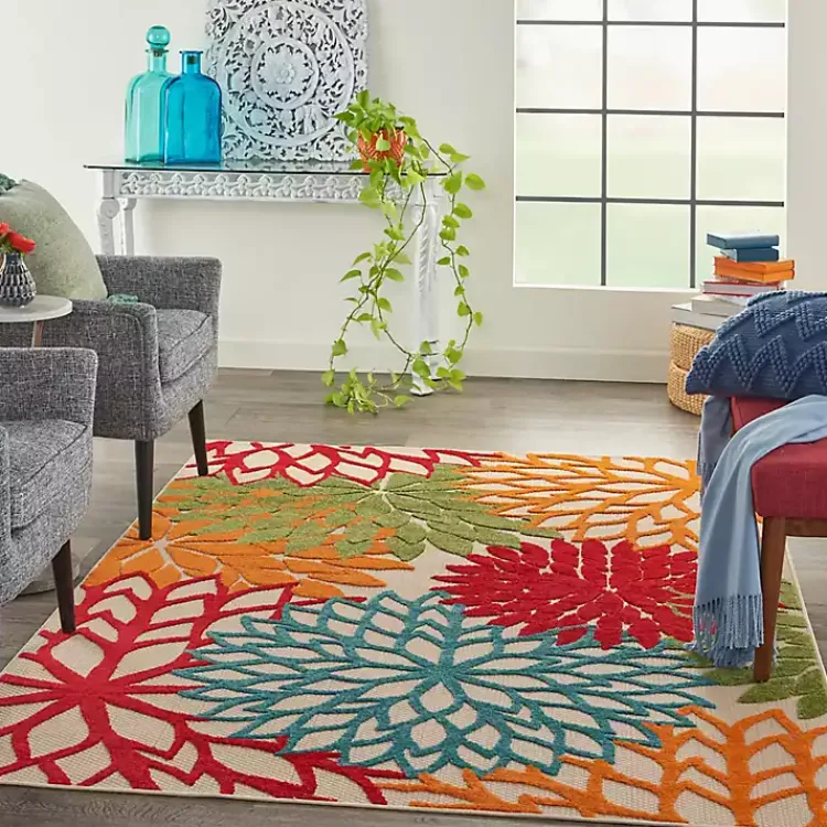 Kirklands Home Red Bright Floral Burst Outdoor Area Rug, 5x7 Outlet