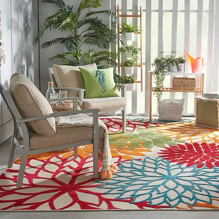 Kirklands Home Red Bright Floral Burst Outdoor Area Rug, 7x10 New