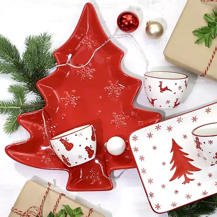 Kirklands Home Christmas Tree and Snowflakes Serving Platter Red Discount