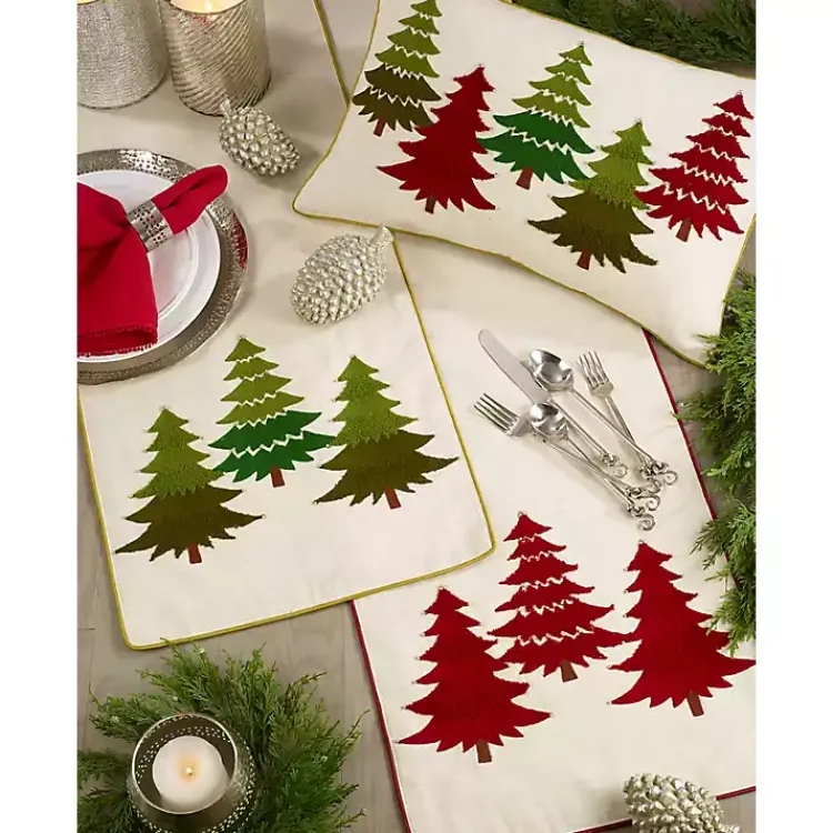 Kirklands Home Red Embroidered Christmas Trees Table Runner