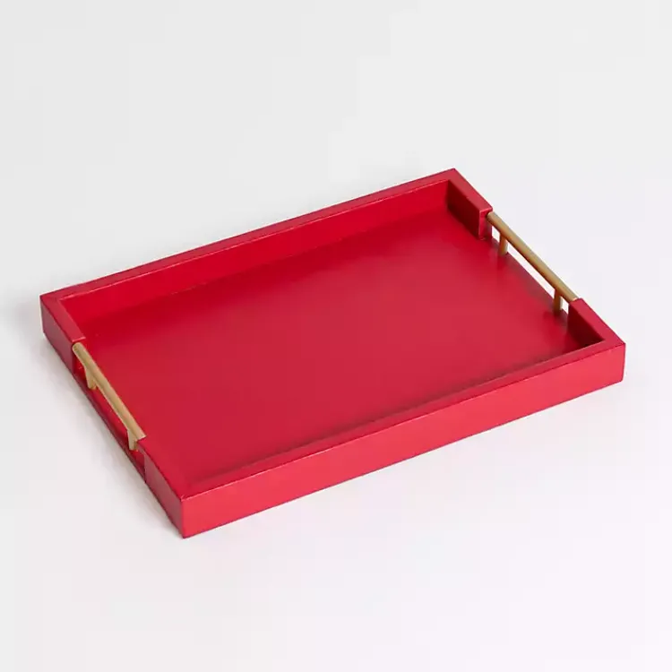 Decorative Trays>Kirklands Home Faux Leather Gold Handle Tray Red