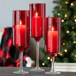 Candle Holders>Kirklands Home Glass Stemmed Hurricanes, Set of 3 Red