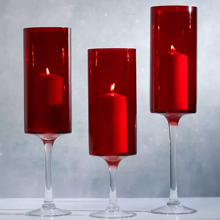 Candle Holders>Kirklands Home Glass Stemmed Hurricanes, Set of 3 Red