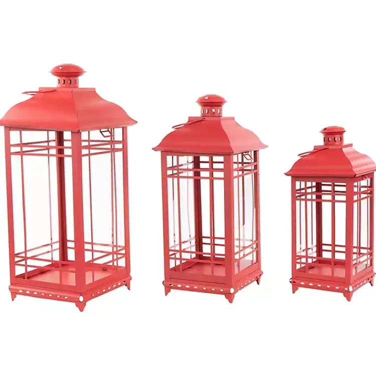 Lanterns>Kirklands Home Metal and Glass Decorative Lanterns, Set of 3 Red