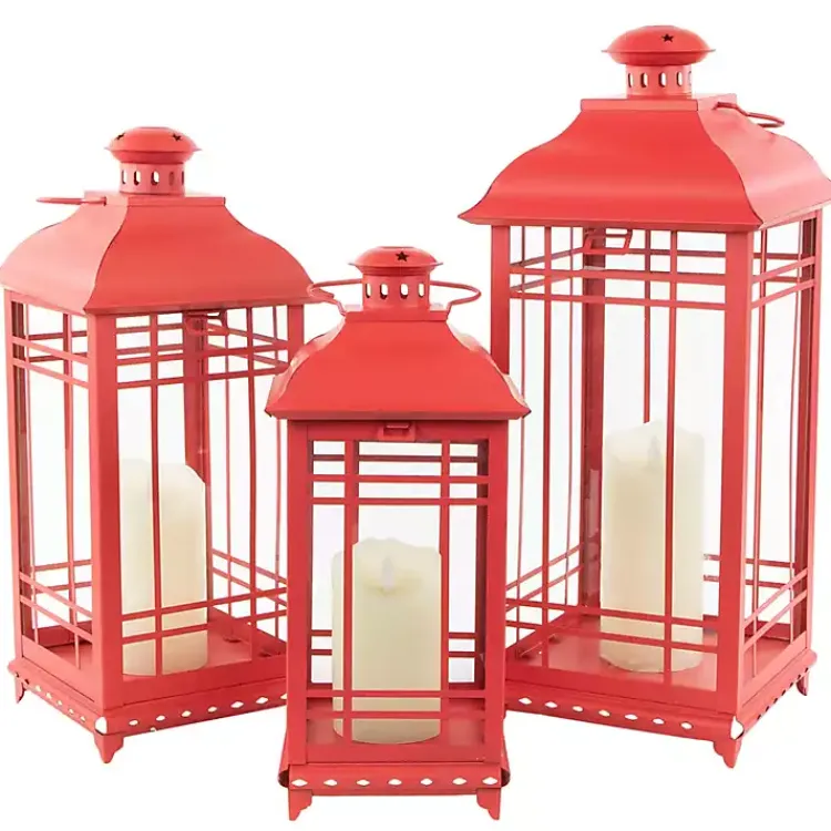 Lanterns>Kirklands Home Metal and Glass Decorative Lanterns, Set of 3 Red