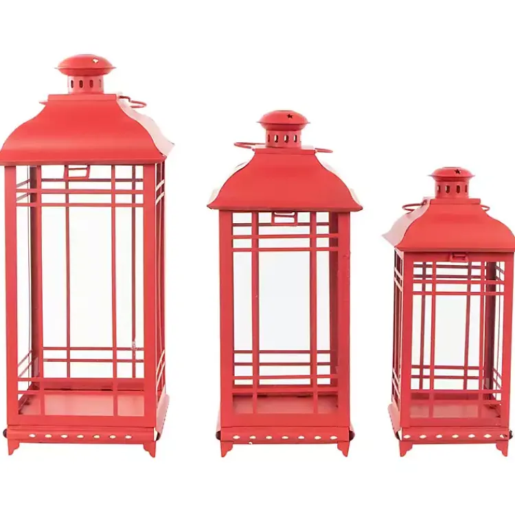 Lanterns>Kirklands Home Metal and Glass Decorative Lanterns, Set of 3 Red
