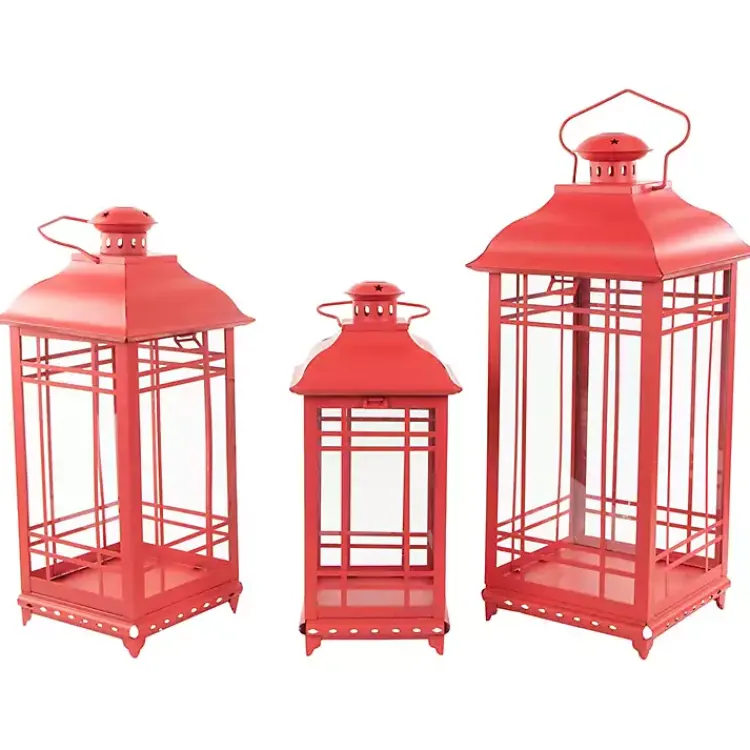 Lanterns>Kirklands Home Metal and Glass Decorative Lanterns, Set of 3 Red