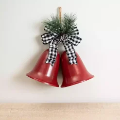 Christmas Decorations>Kirklands Home Red Metal Dual Bells with Greenery