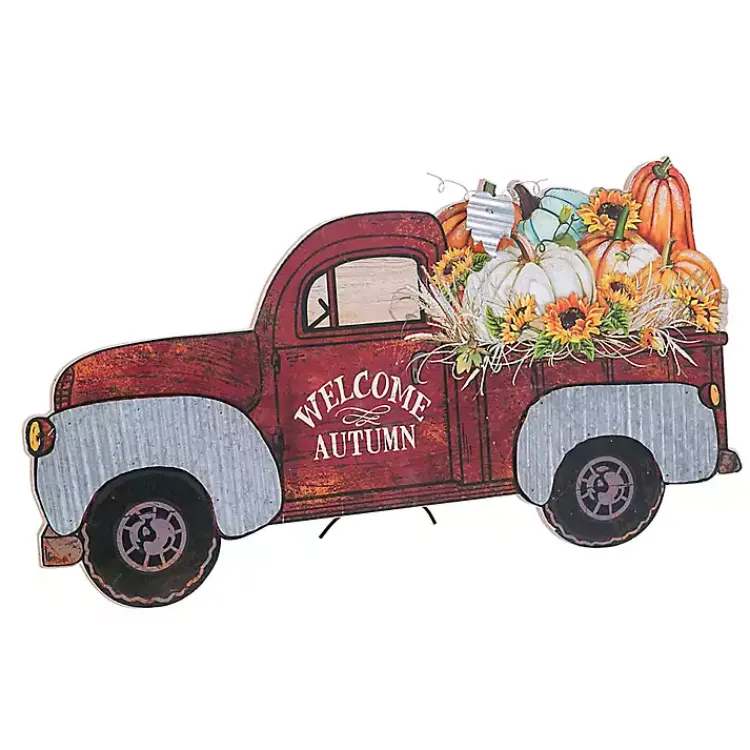 Fall>Kirklands Home Red Pickup Truck Filled with Pumpkins Easel