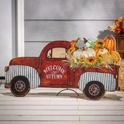 Fall>Kirklands Home Red Pickup Truck Filled with Pumpkins Easel