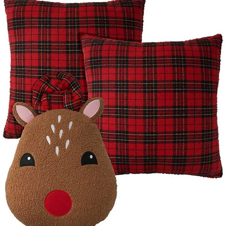 Christmas Pillows>Kirklands Home Red Plaid and Reindeer Pillows, Set of 3