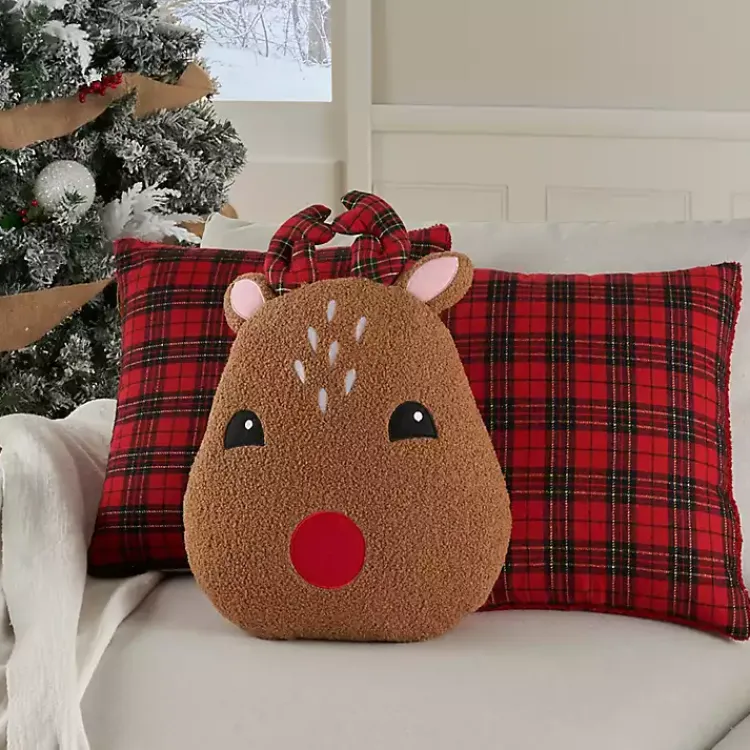 Christmas Pillows>Kirklands Home Red Plaid and Reindeer Pillows, Set of 3