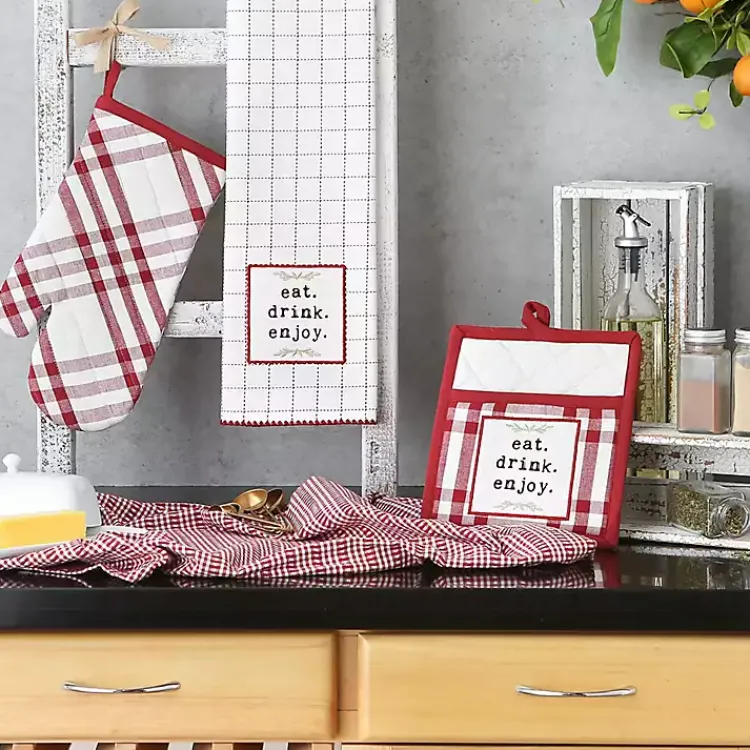 Kirklands Home Red Plaid Eat Drink Enjoy 4-pc. Dish Towel Set Discount