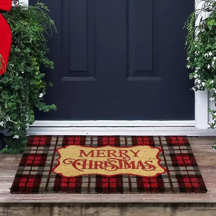 Outdoor Christmas Decorations>Kirklands Home Red Plaid Merry Christmas Doormat
