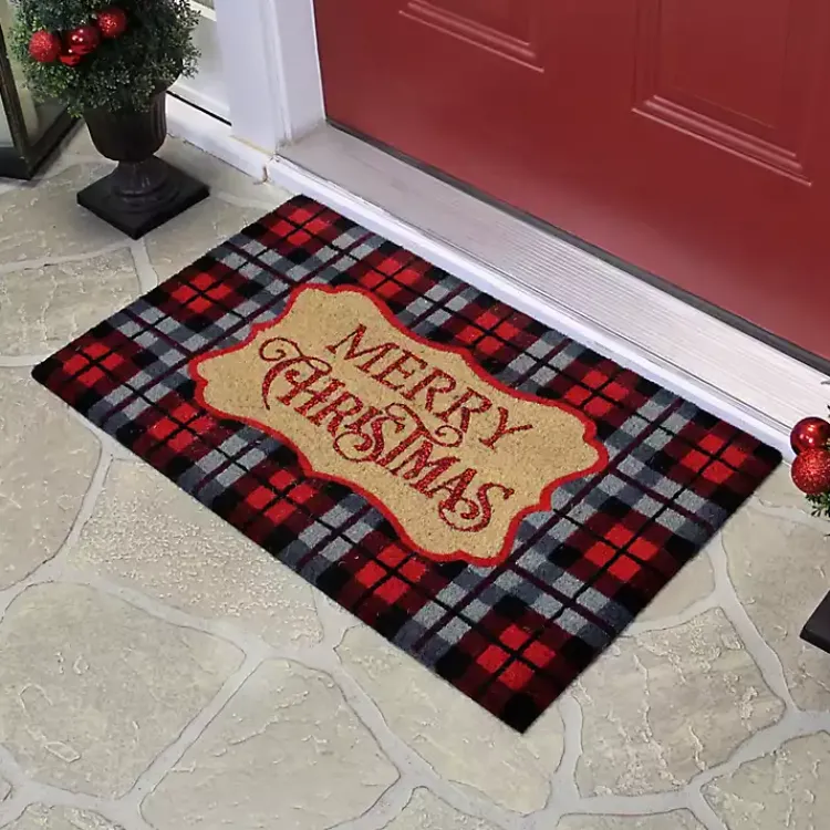 Outdoor Christmas Decorations>Kirklands Home Red Plaid Merry Christmas Doormat