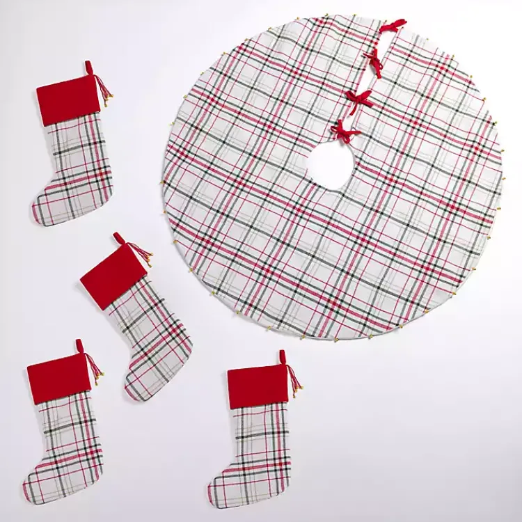 Christmas Stockings & Stocking Holders>Kirklands Home Red Plaid 5-pc. Tree Skirt and Stocking Set