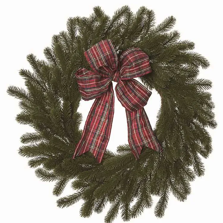 Wreaths>Kirklands Home Red Plaid Ribbon Evergreen Christmas Wreath