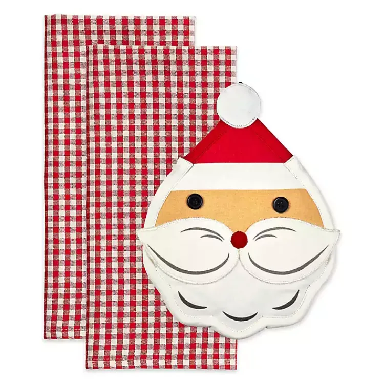 Christmas Dining & Entertaining>Kirklands Home Red Santa Gingham 3-pc. Dishtowel & Potholder Set
