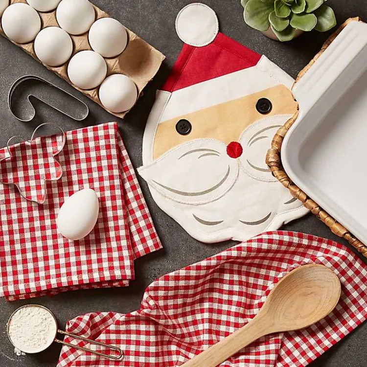 Christmas Dining & Entertaining>Kirklands Home Red Santa Gingham 3-pc. Dishtowel & Potholder Set