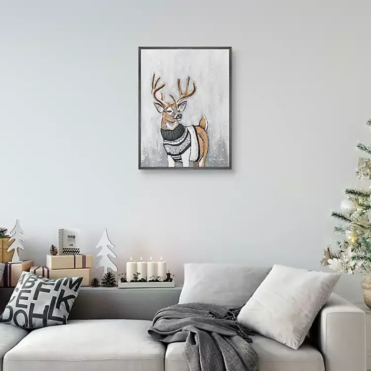Christmas Art & Wall Decor>Kirklands Home Reindeer in a Sweater Framed Canvas Art Print