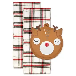 Christmas Dining & Entertaining>Kirklands Home Reindeer Plaid 3-pc. Dishtowel & Potholder Set
