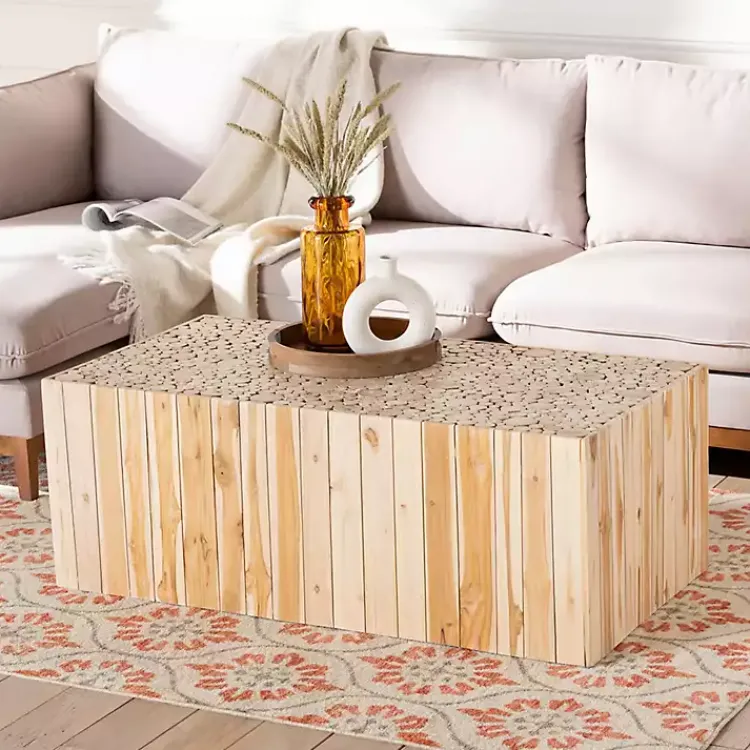 Kirklands Home Repurposed Wood Logs Recgle Coffee Table Tan Clearance