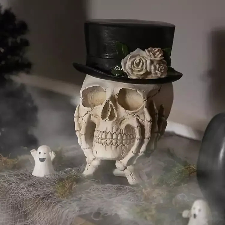 Halloween>Kirklands Home Resting Skull in a Top Hat Halloween Decoration
