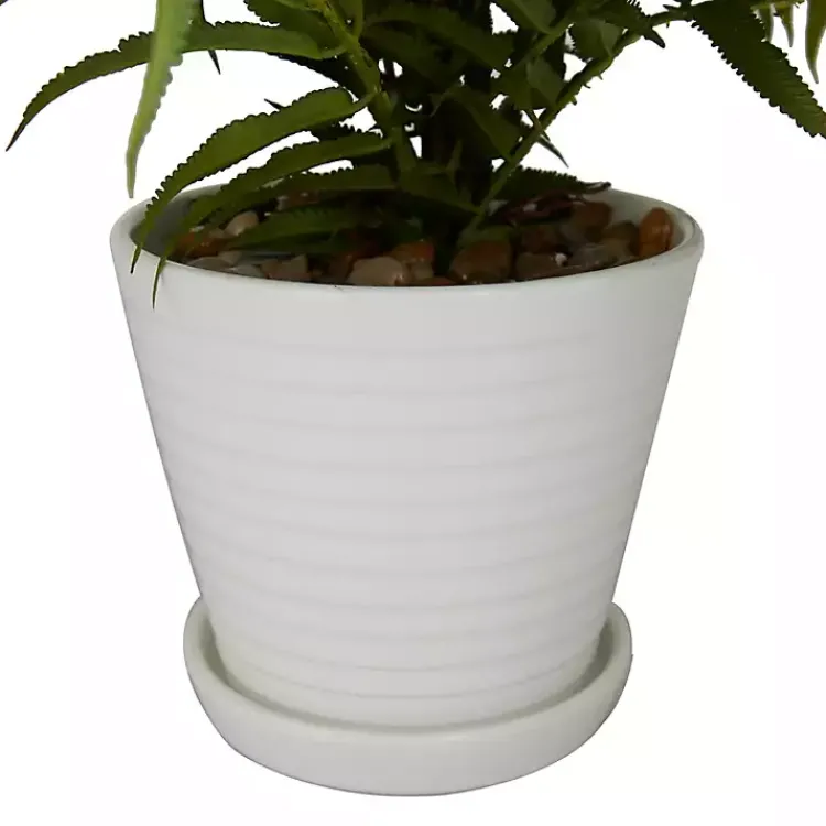 Arrangements & Greenery>Kirklands Home River Rock Fern in Ribbed White Planter