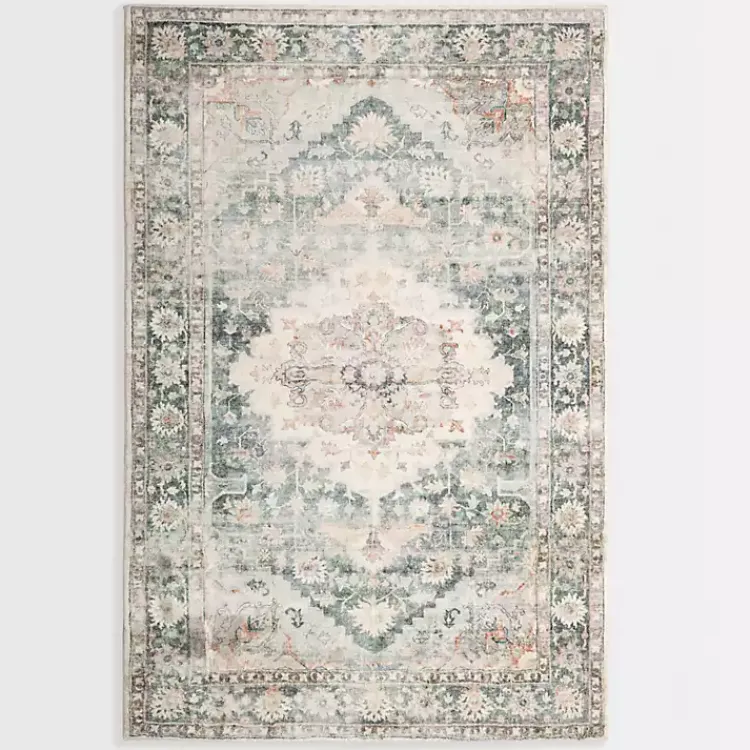 Kirklands Home Rosette Green and Ivory Area Rug, 7x9 New