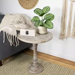 Kirklands Home Round Antique Etched Pedestal Accent Table Gray Discount