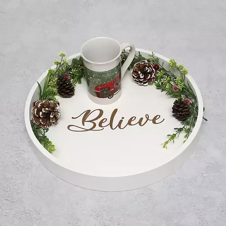 Christmas Dining & Entertaining>Kirklands Home Round Believe Wood Tray White