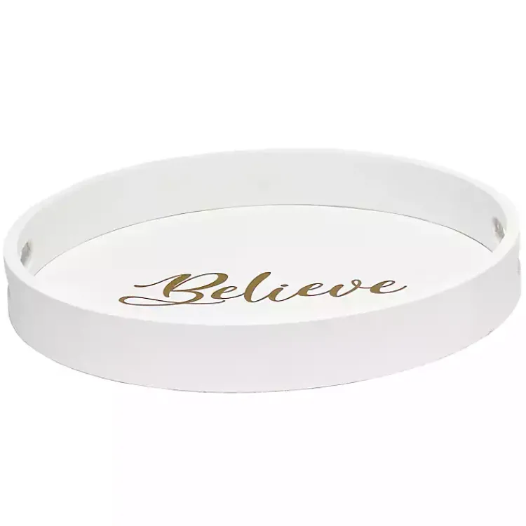 Christmas Dining & Entertaining>Kirklands Home Round Believe Wood Tray White