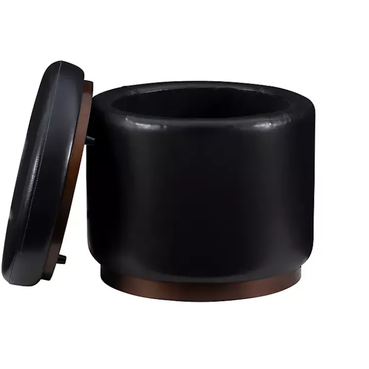 Kirklands Home Round Faux Leather Storage Ottoman Black Hot