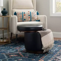 Kirklands Home Round Faux Leather Storage Ottoman Black Hot