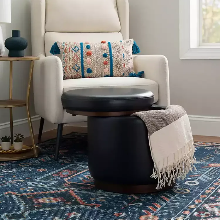 Kirklands Home Round Faux Leather Storage Ottoman Black Hot
